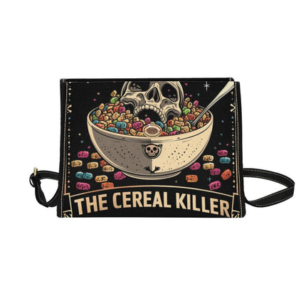 Dark humor shoulder bag, cereal killer canvas satchel, alt goth streetwear purse