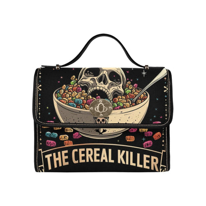 Dark humor shoulder bag, cereal killer canvas satchel, alt goth streetwear purse