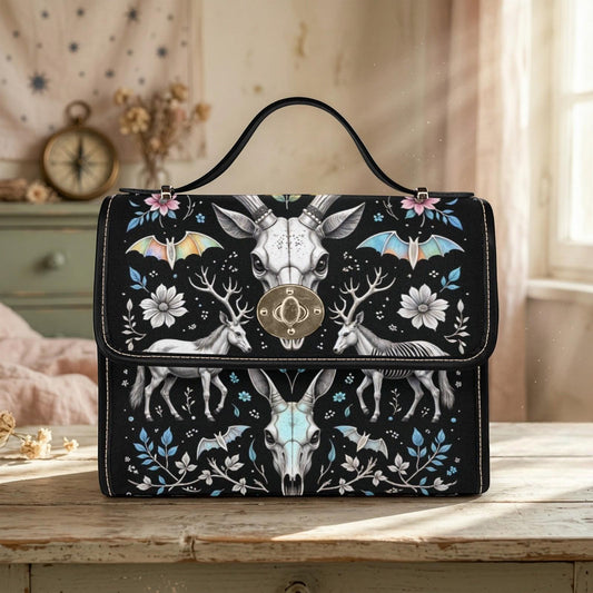 Witchy Crossbody Bag, Deer Skull Purse, Dark Floral Satchel for Cottage Goth Style