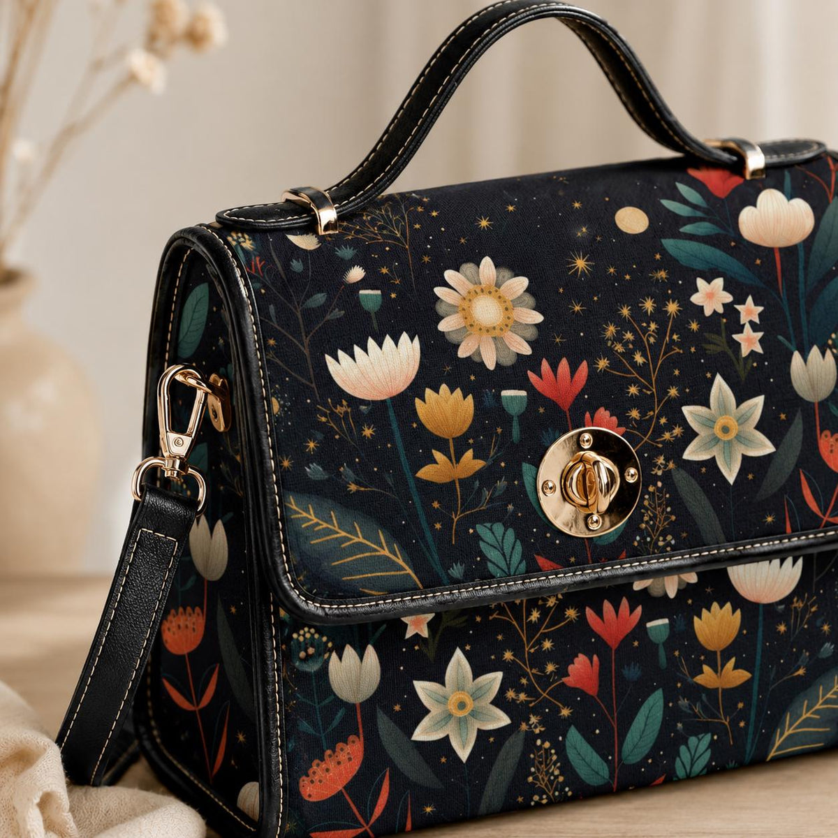 Celestial Floral Crossbody Bag, Moonlit Satchel Purse, Dark Cottagecore Handbag