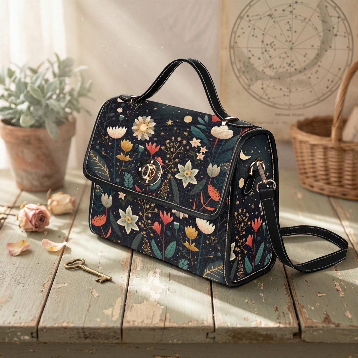 Celestial Floral Crossbody Bag, Moonlit Satchel Purse, Dark Cottagecore Handbag