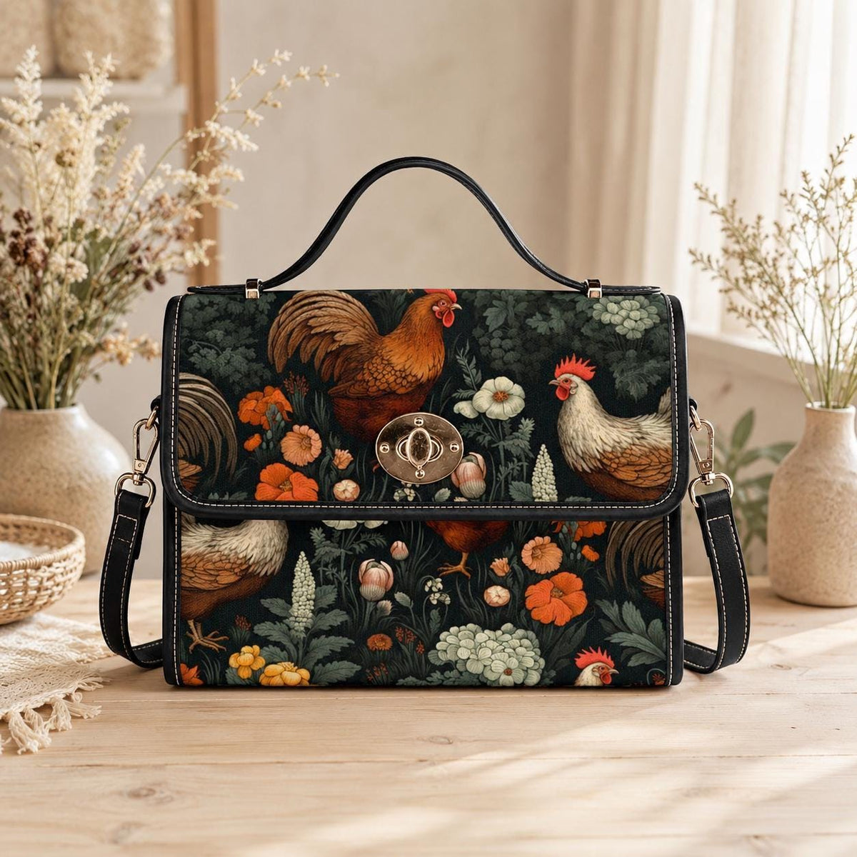 Rooster & Hen Garden Handbag – Rustic Countryside Farmhouse bag