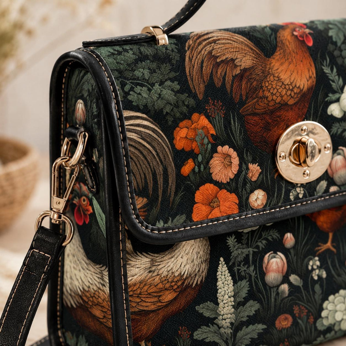 Rooster & Hen Garden Handbag – Rustic Countryside Farmhouse bag