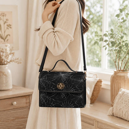 Spiderweb Crossbody Bag, Black Gothic Satchel Purse, Gold Turn Lock, Halloween Handbag