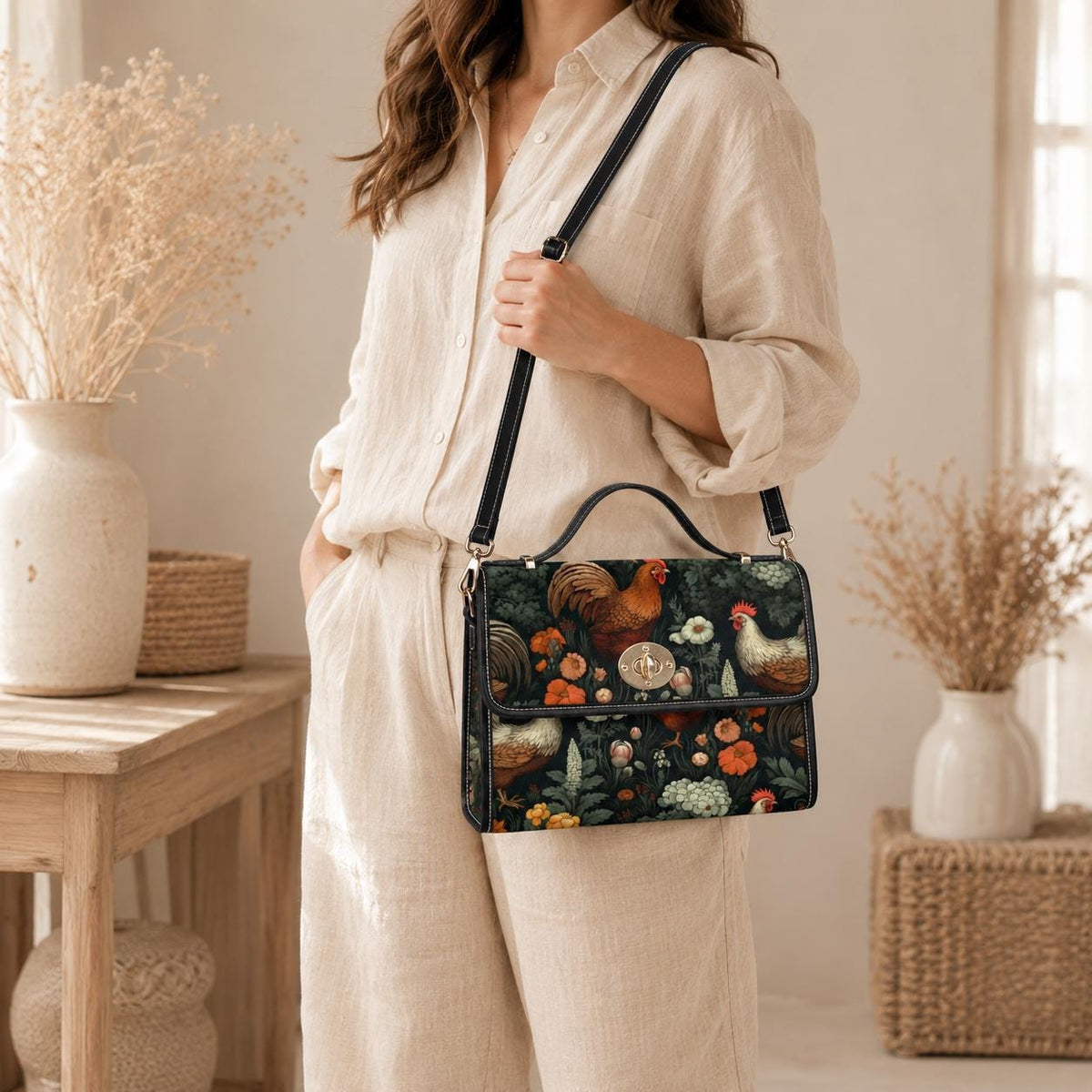 Rooster & Hen Garden Handbag – Rustic Countryside Farmhouse bag