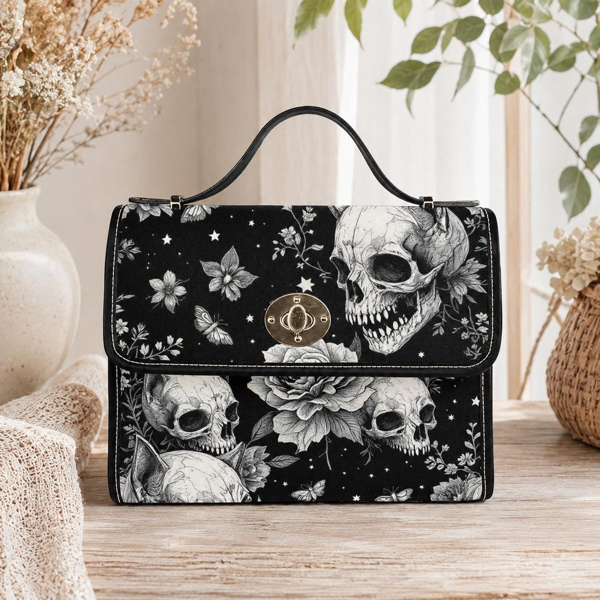 Dark Floral Skeleton Skull Crossbody Bag, Gothic Witchy Shoulder Tote, Spooky Occult Fashion Handbag