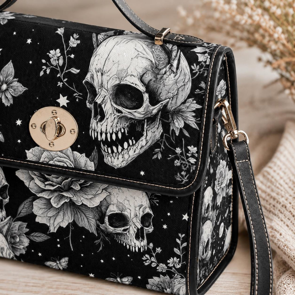 Dark Floral Skeleton Skull Crossbody Bag, Gothic Witchy Shoulder Tote, Spooky Occult Fashion Handbag
