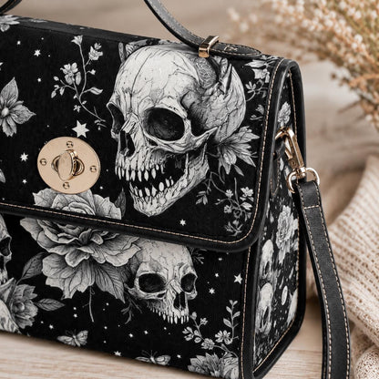 Dark Floral Skeleton Skull Crossbody Bag, Gothic Witchy Shoulder Tote, Spooky Occult Fashion Handbag