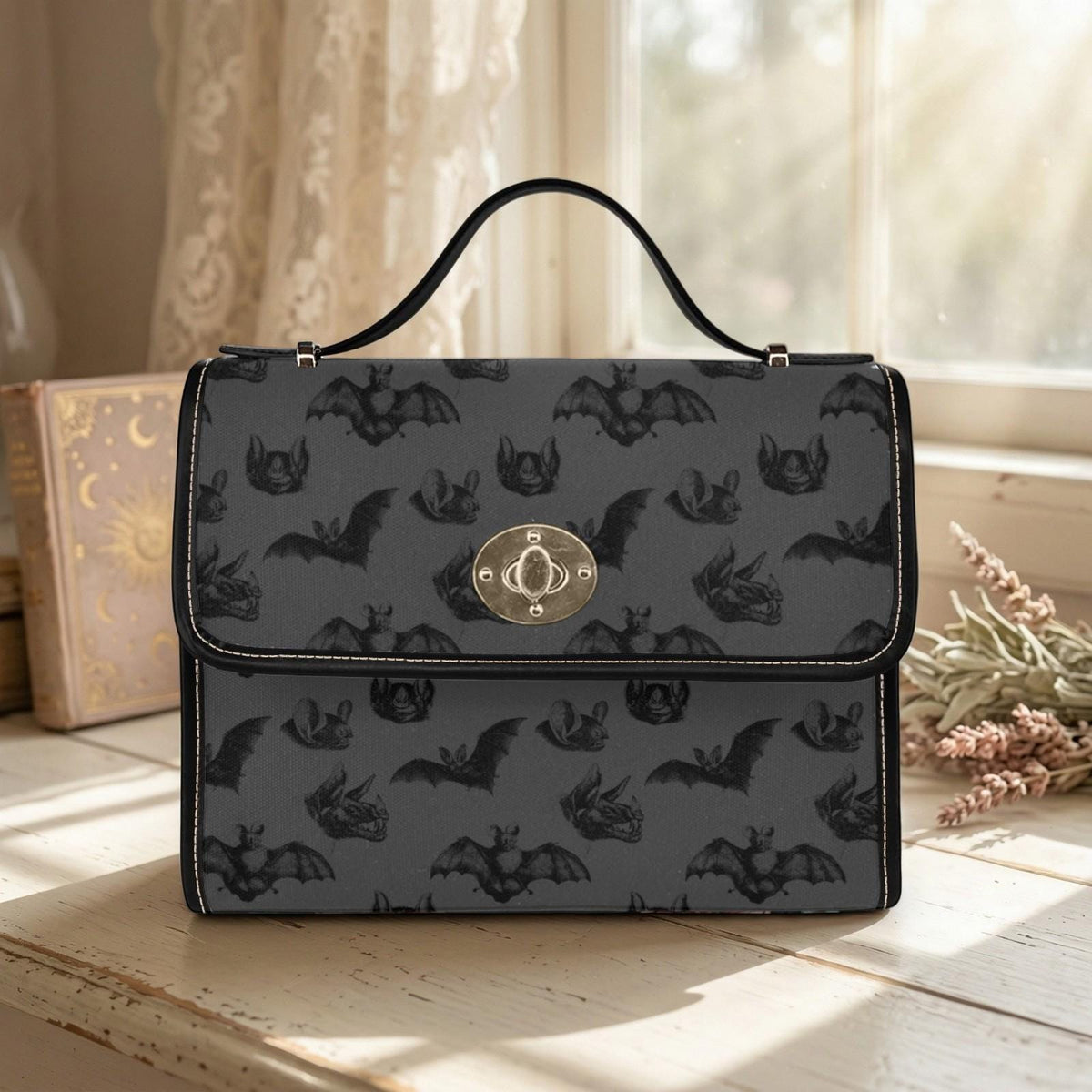 Black Bat Satchel Purse, Gothic Style Handbag, Dark Print Everyday Shoulder Bag