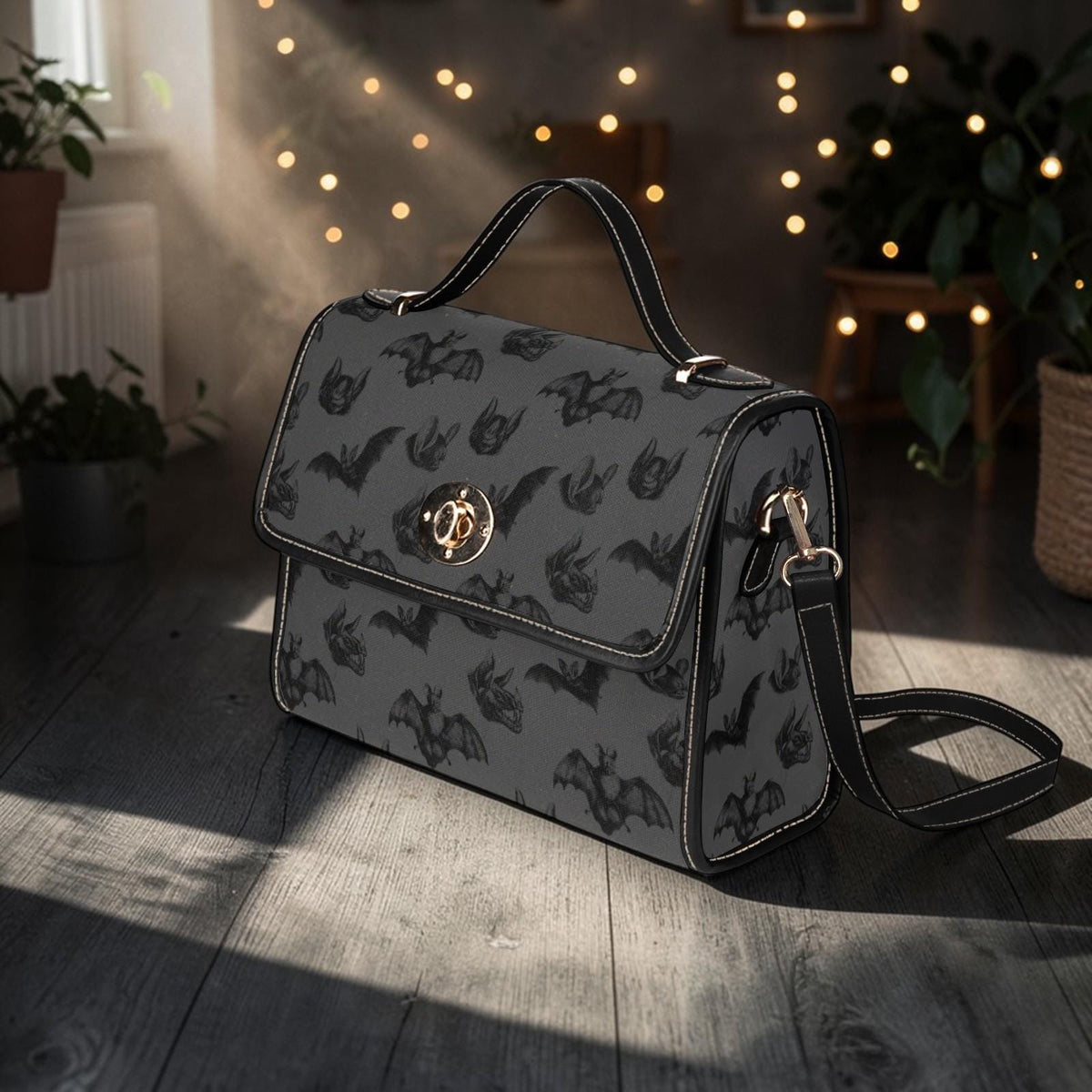 Black Bat Satchel Purse, Gothic Style Handbag, Dark Print Everyday Shoulder Bag