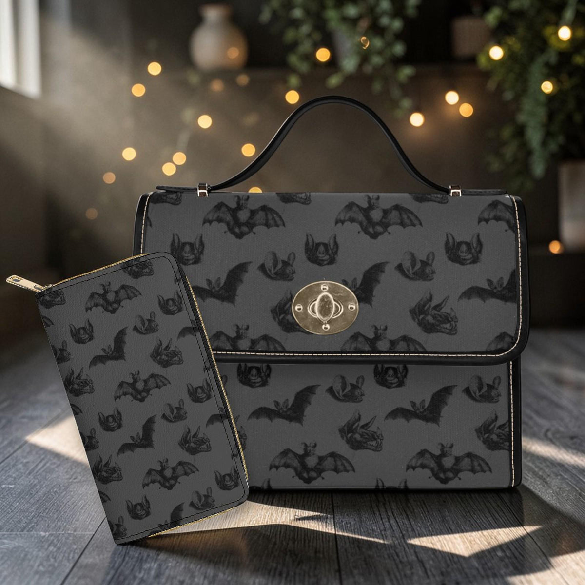 Black Bat Satchel Purse, Gothic Style Handbag, Dark Print Everyday Shoulder Bag