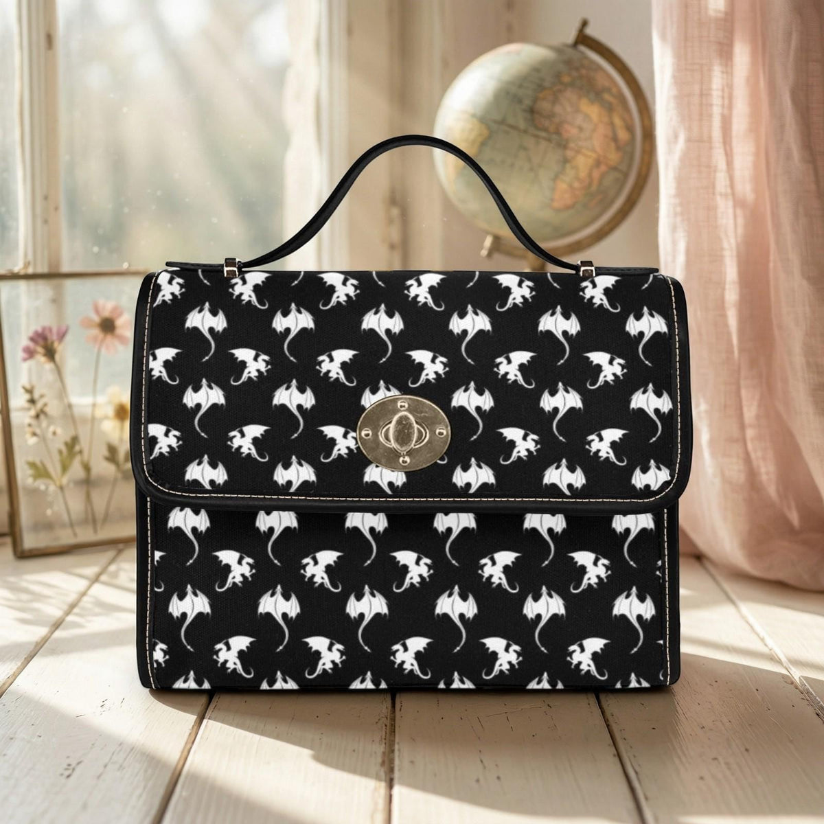 Dragon Print Crossbody Purse, Gothic Top Handle Handbag, Black Fantasy Satchel Bag