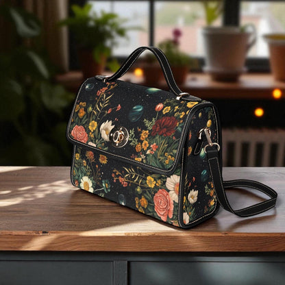 Celestial Floral Satchel Bag, Dark Botanical Top Handle Purse, Planet Print Crossbody Handbag
