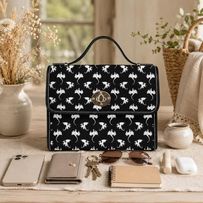 Dragon Print Crossbody Purse, Gothic Top Handle Handbag, Black Fantasy Satchel Bag
