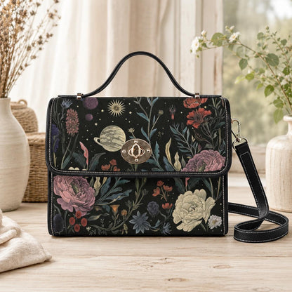 Celestial Floral Satchel Bag, Dark Botanical Print Crossbody Purse, Astrology Handbag