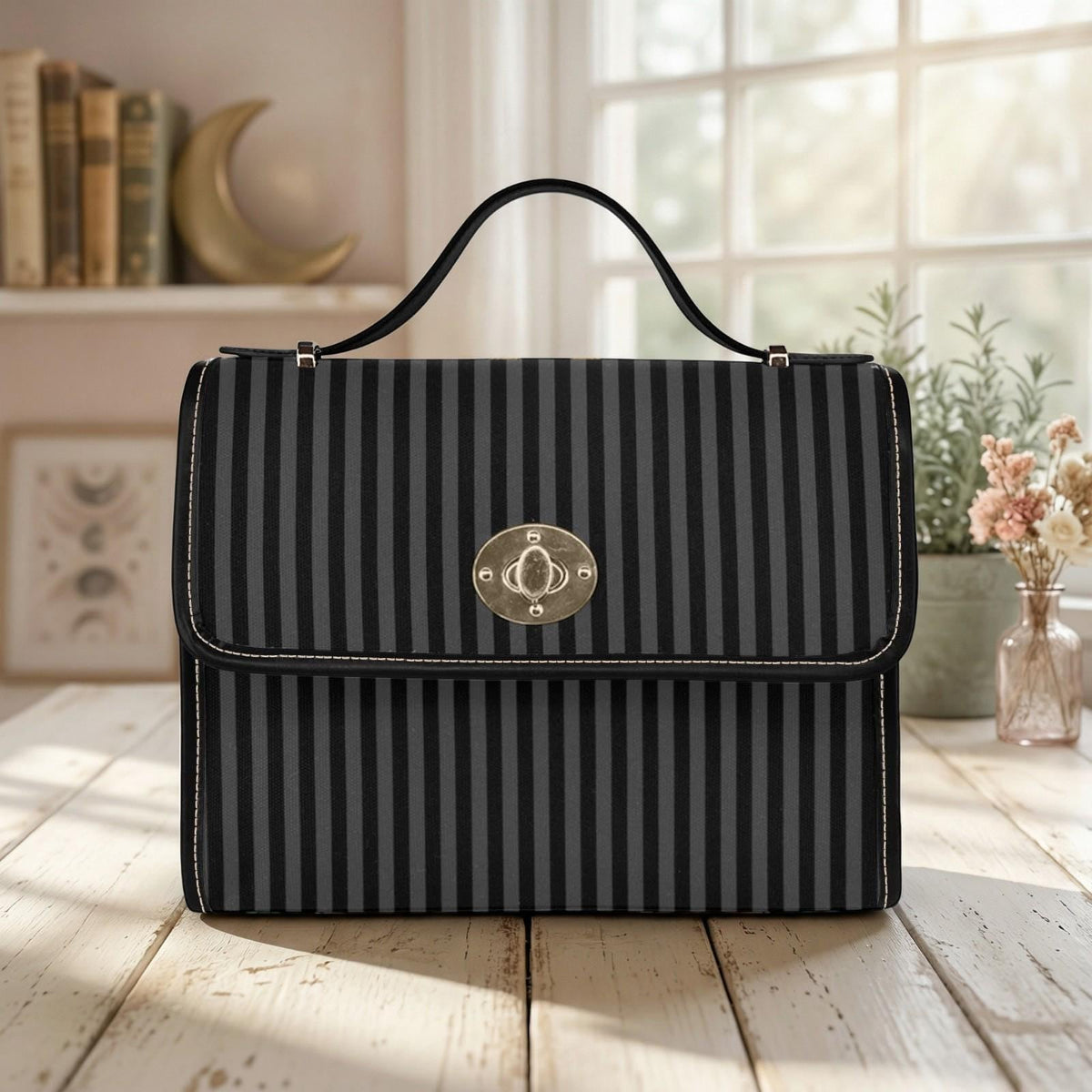 Striped Crossbody Shoulder Bag, Black Goth Bag, Gothic Moth Bag