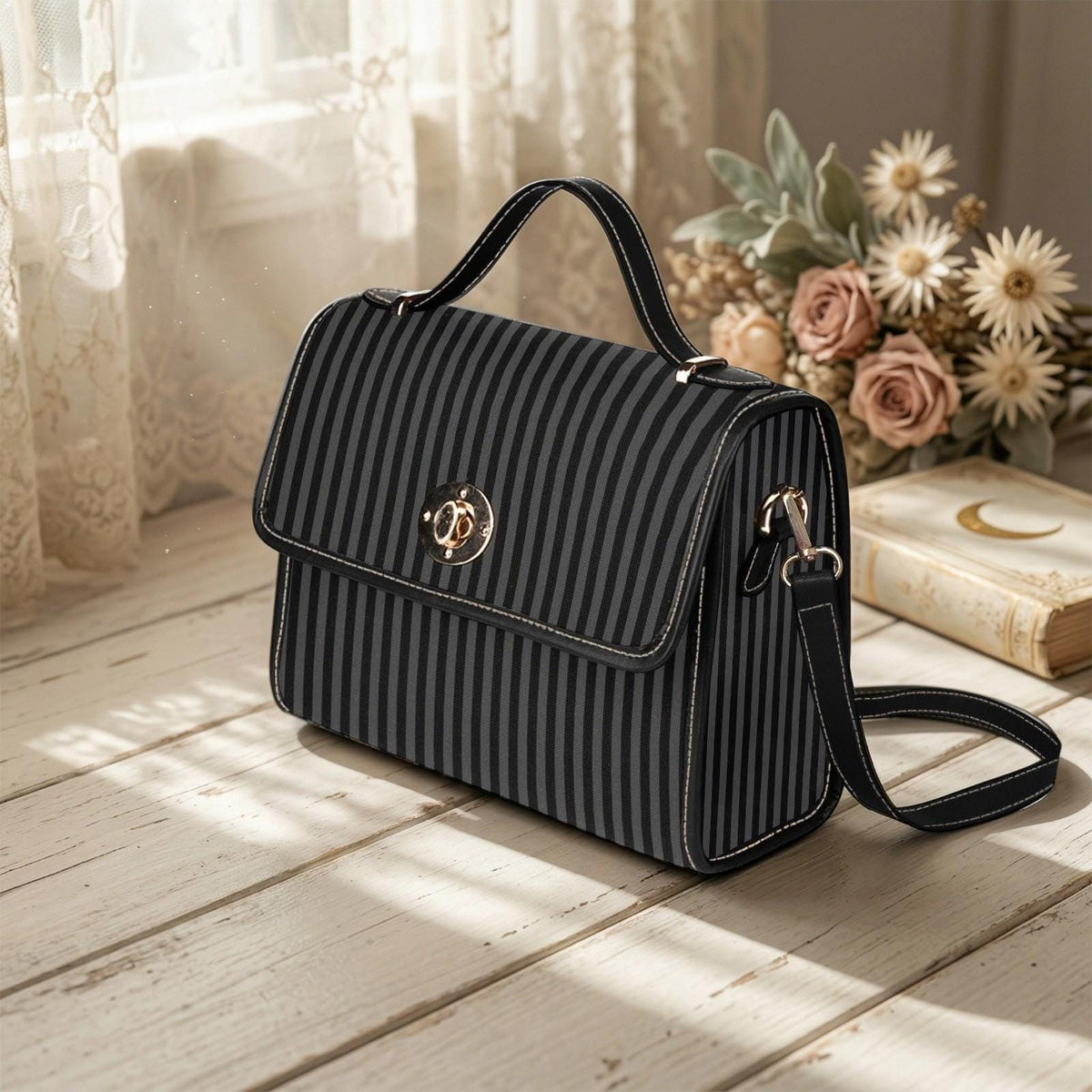Striped Crossbody Shoulder Bag, Black Goth Bag, Gothic Moth Bag