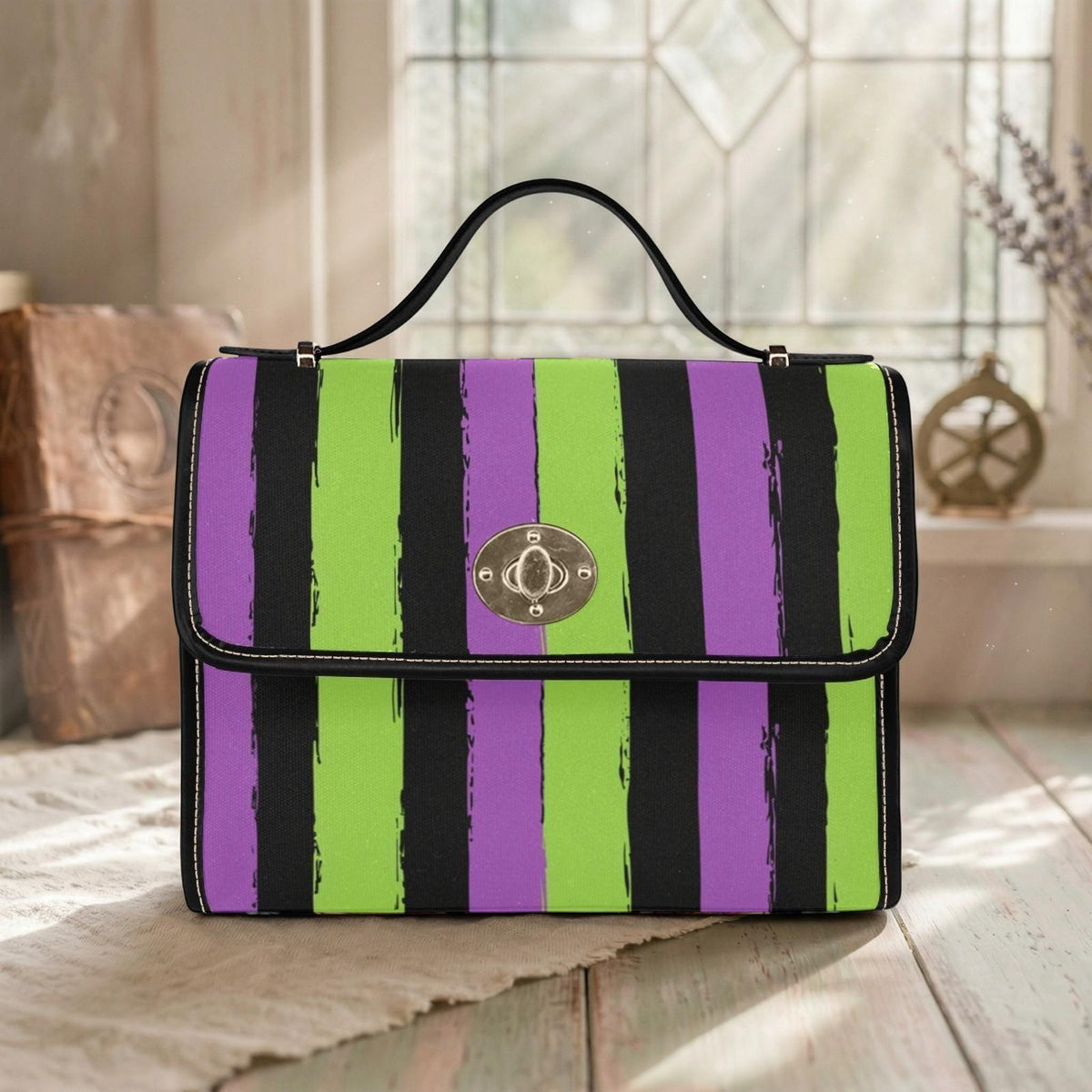 Halloween satchel purse, purple green striped handbag, gothic top handle bag