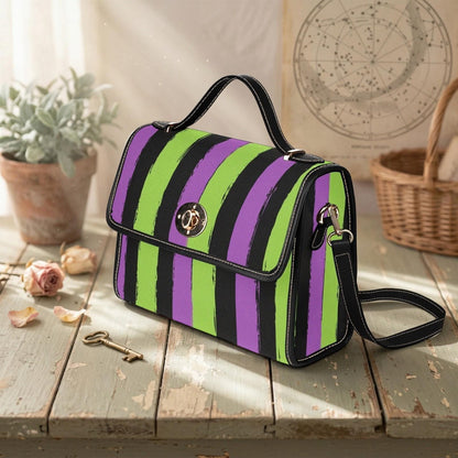 Halloween satchel purse, purple green striped handbag, gothic top handle bag
