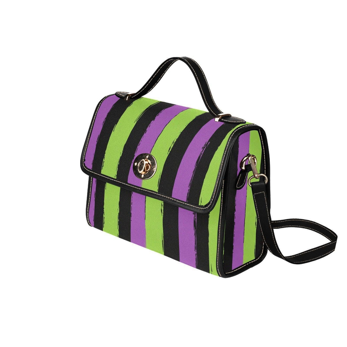 Halloween satchel purse, purple green striped handbag, gothic top handle bag