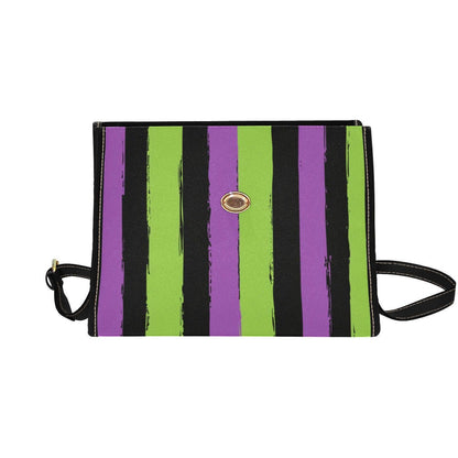 Halloween satchel purse, purple green striped handbag, gothic top handle bag