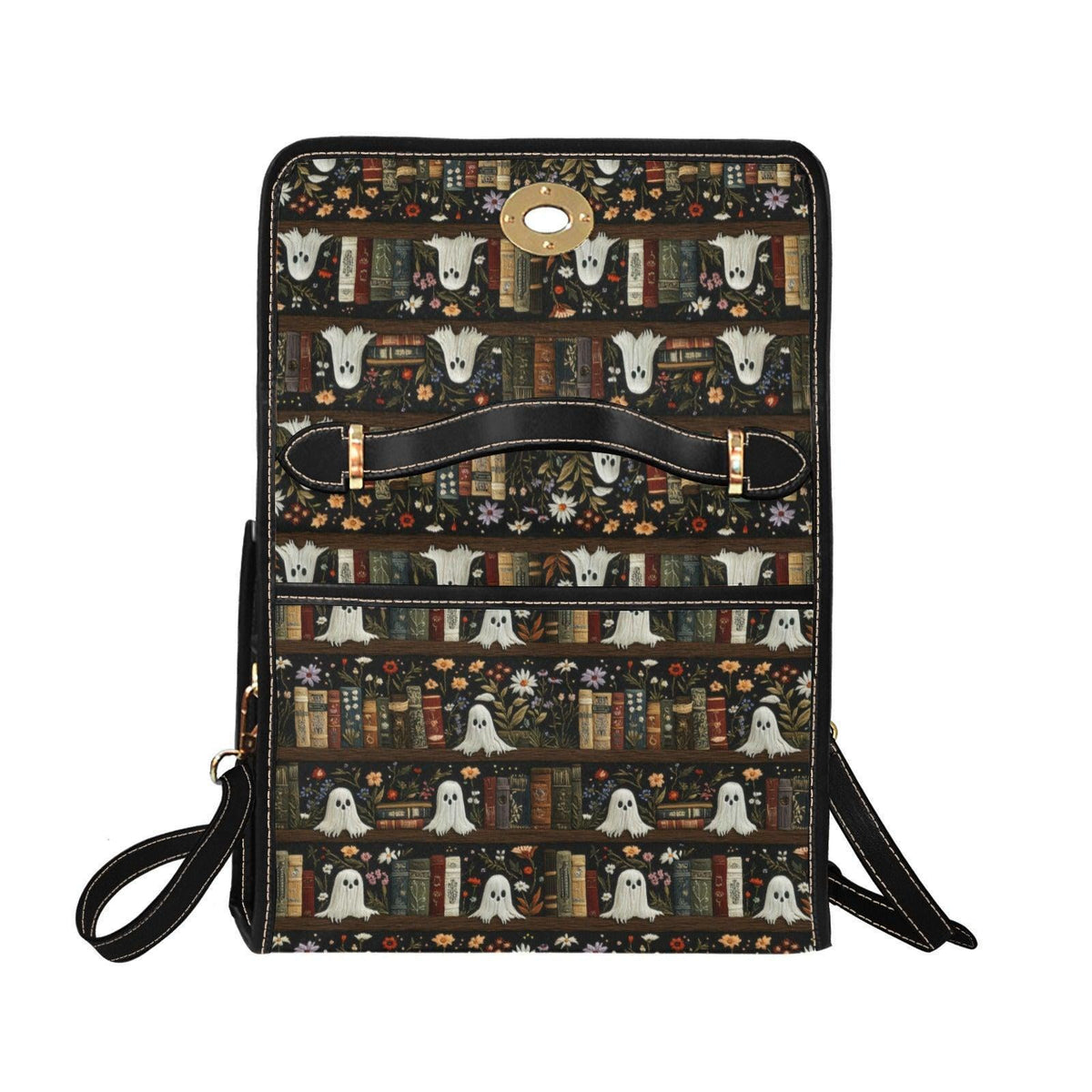 Ghost library satchel, spooky book print crossbody bag, witchy academia purse, haunted books tote