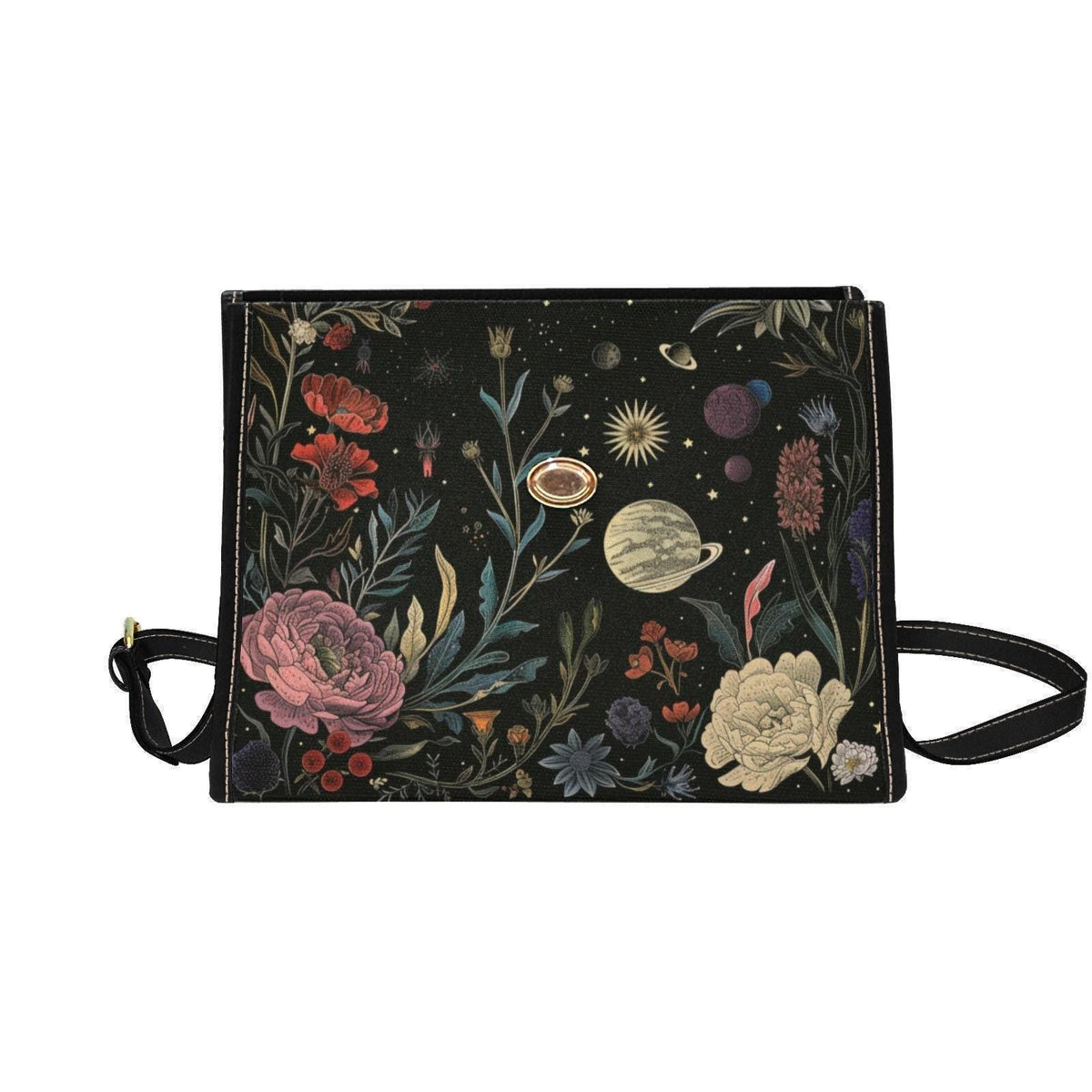 Celestial Floral Satchel Bag, Dark Botanical Print Crossbody Purse, Astrology Handbag