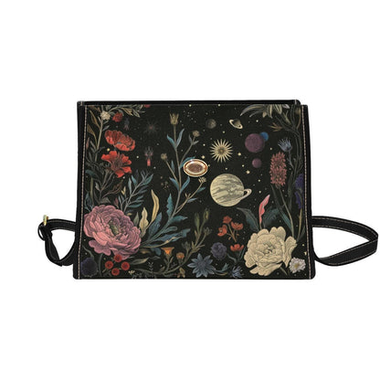 Celestial Floral Satchel Bag, Dark Botanical Print Crossbody Purse, Astrology Handbag