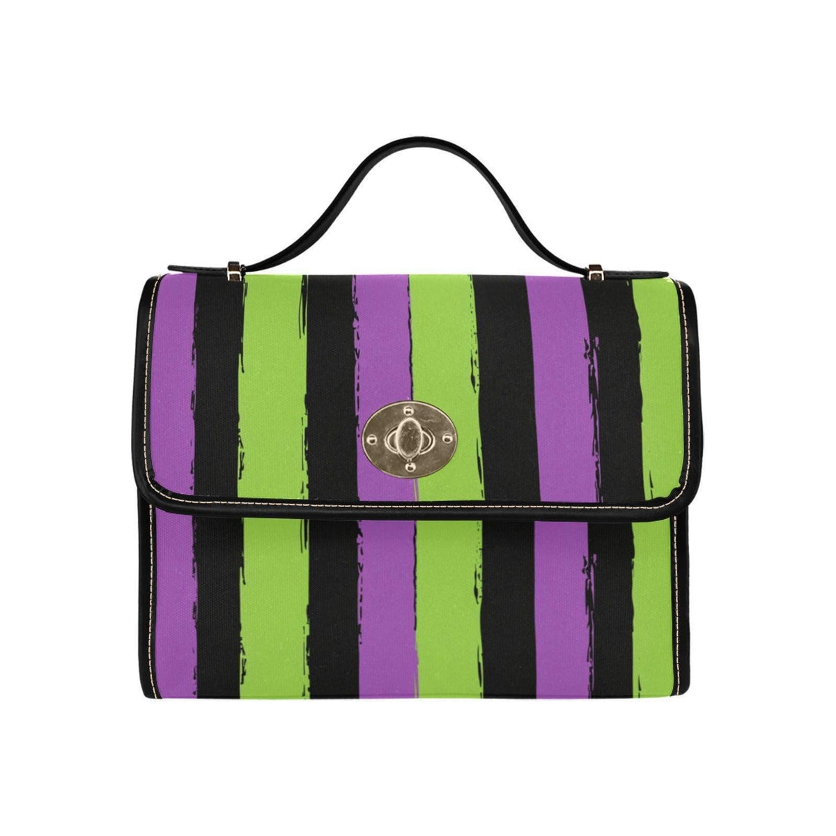 Halloween satchel purse, purple green striped handbag, gothic top handle bag