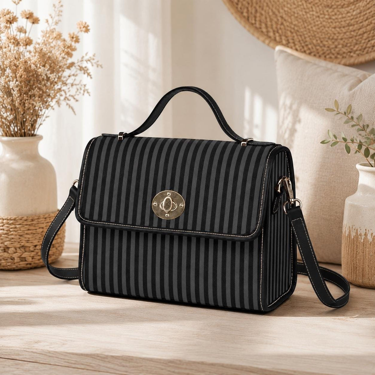 Striped Crossbody Shoulder Bag, Black Goth Bag, Gothic Moth Bag