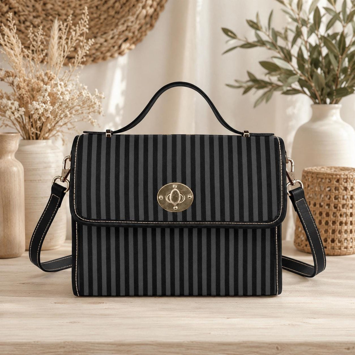 Striped Crossbody Shoulder Bag, Black Goth Bag, Gothic Moth Bag