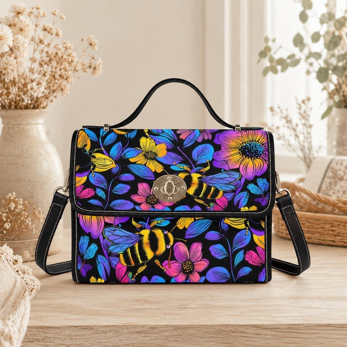 Bumble Bee Handbag, Neon Floral Satchel, Wildflower Top Handle Bag
