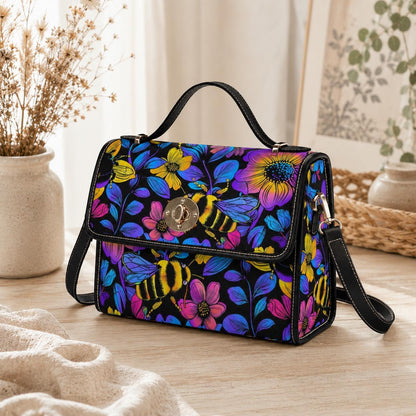 Bumble Bee Handbag, Neon Floral Satchel, Wildflower Top Handle Bag