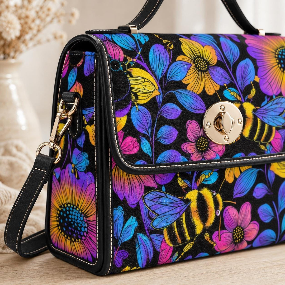 Bumble Bee Handbag, Neon Floral Satchel, Wildflower Top Handle Bag