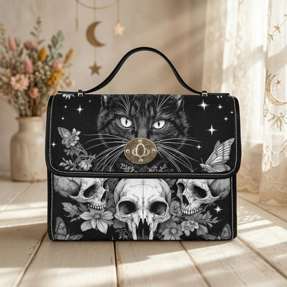 Black Cat Skull Purse, Gothic Moth and Star Satchel Bag, White Flower Vegan Handbag with Gold Turn Lock for Witchy Everyday Carry