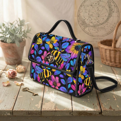 Bumble Bee Handbag, Neon Floral Satchel, Wildflower Top Handle Bag