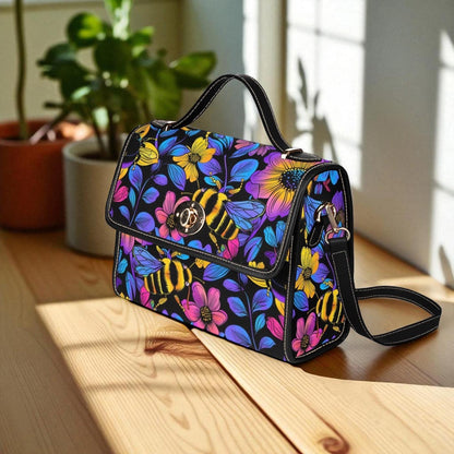 Bumble Bee Handbag, Neon Floral Satchel, Wildflower Top Handle Bag