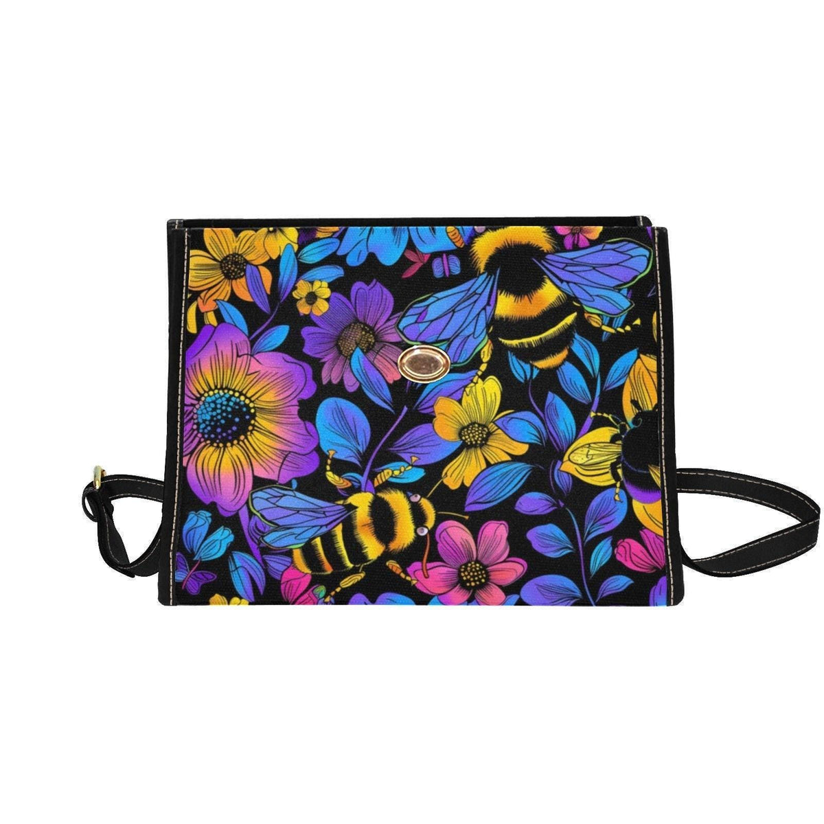 Bumble Bee Handbag, Neon Floral Satchel, Wildflower Top Handle Bag