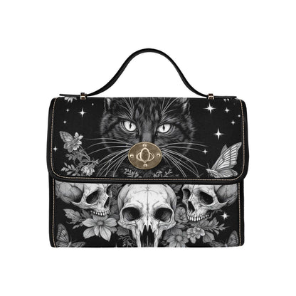 Black Cat Skull Purse, Gothic Moth and Star Satchel Bag, White Flower Vegan Handbag with Gold Turn Lock for Witchy Everyday Carry