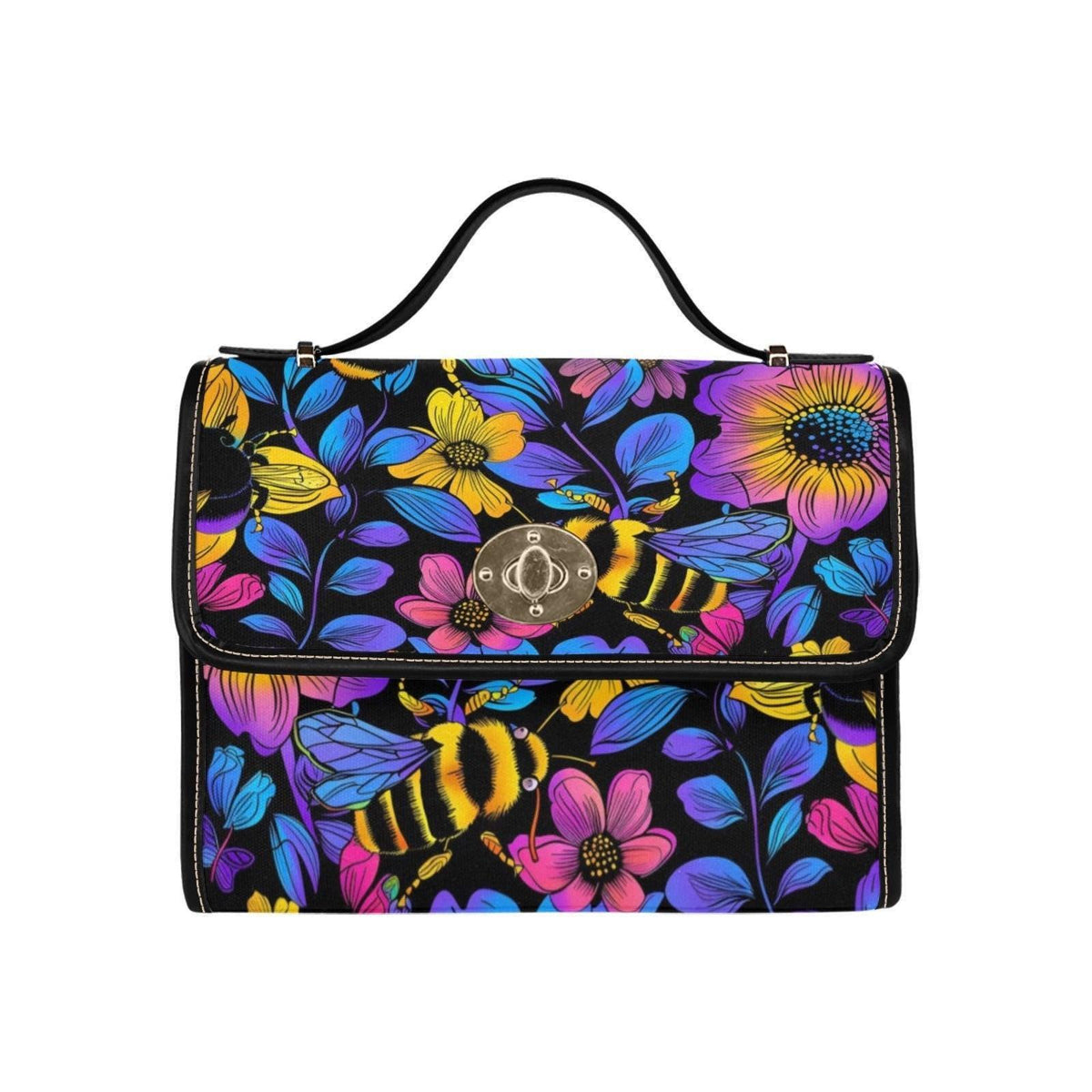Bumble Bee Handbag, Neon Floral Satchel, Wildflower Top Handle Bag