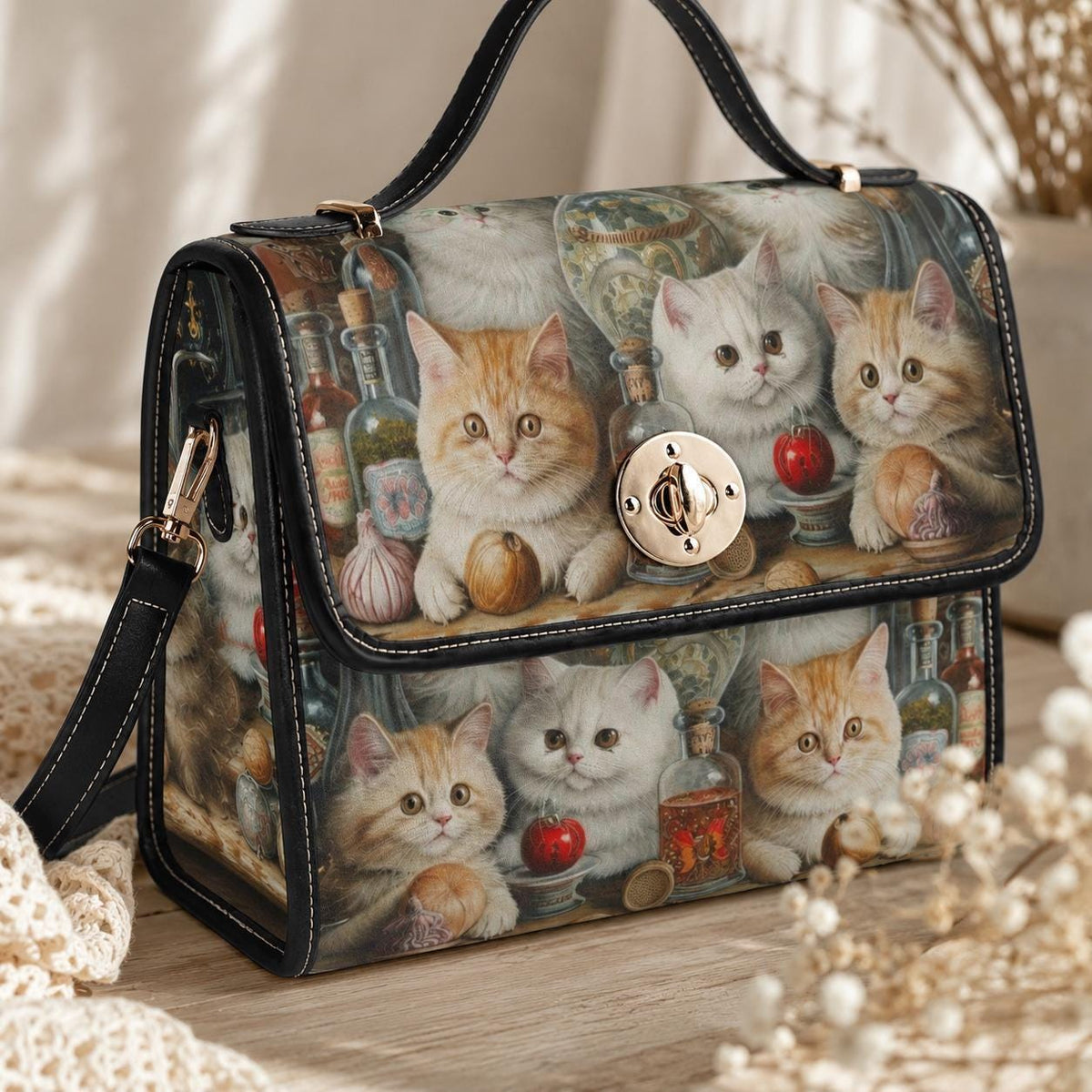 Cat Lover Purse with Kittens, Witchy Apothecary Handbag, Cute Top Handle Bag