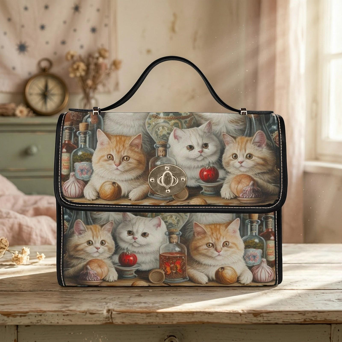Cat Lover Purse with Kittens, Witchy Apothecary Handbag, Cute Top Handle Bag