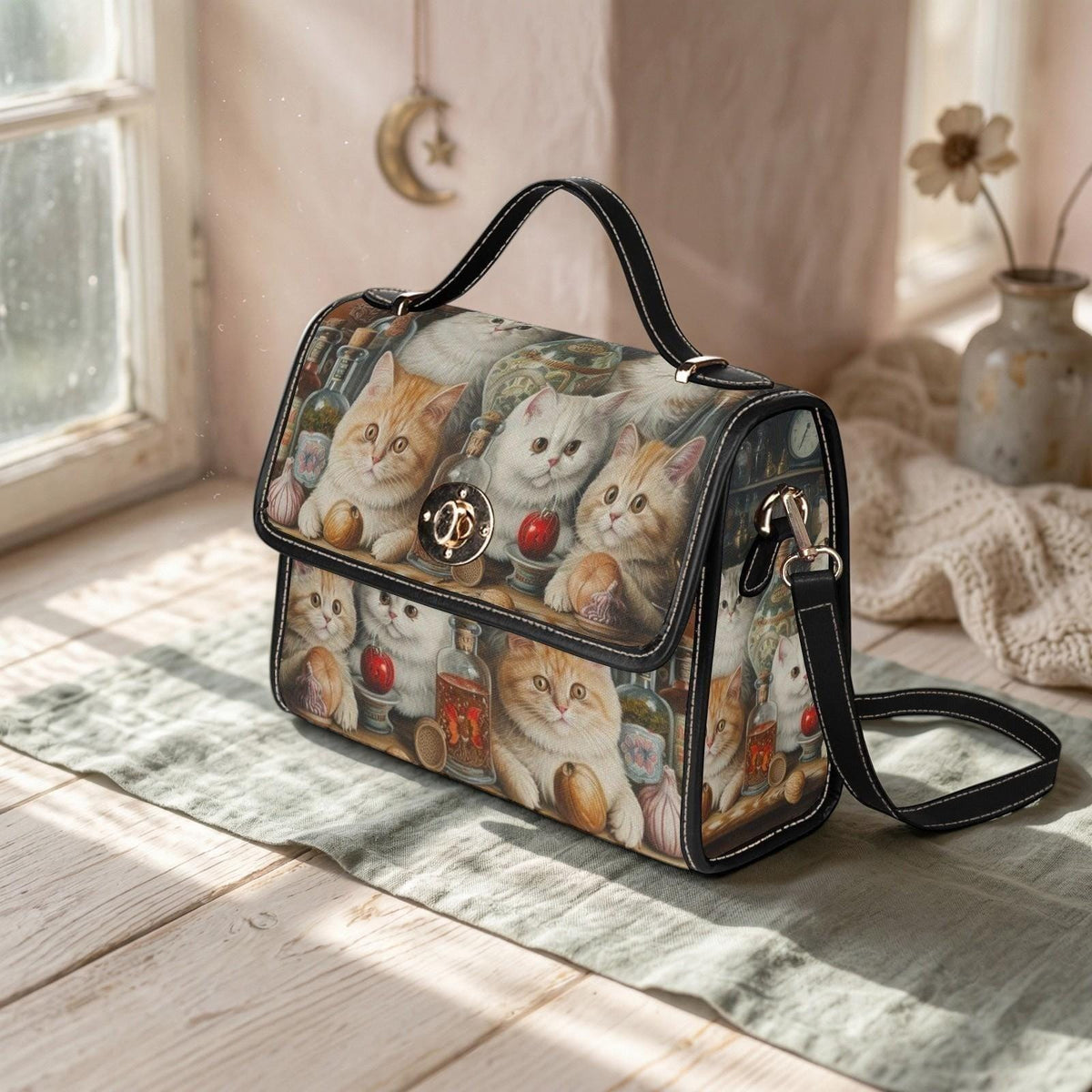 Cat Lover Purse with Kittens, Witchy Apothecary Handbag, Cute Top Handle Bag
