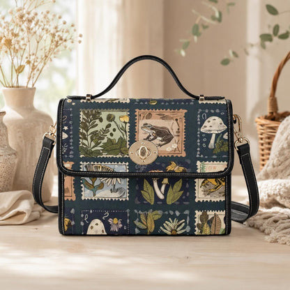Cottagecore Satchel Bag, Vintage Stamp Print Crossbody Purse with Frog Mushroom Botanical Print