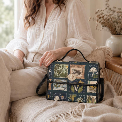 Cottagecore Satchel Bag, Vintage Stamp Print Crossbody Purse with Frog Mushroom Botanical Print