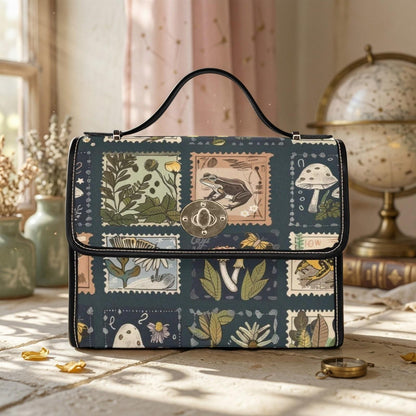 Cottagecore Satchel Bag, Vintage Stamp Print Crossbody Purse with Frog Mushroom Botanical Print