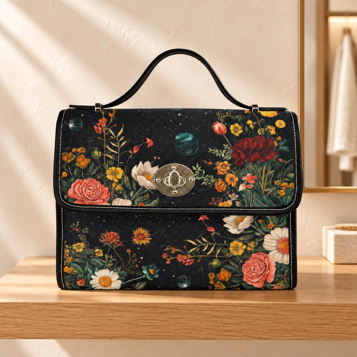 Celestial Floral Satchel Bag, Dark Botanical Top Handle Purse, Planet Print Crossbody Handbag