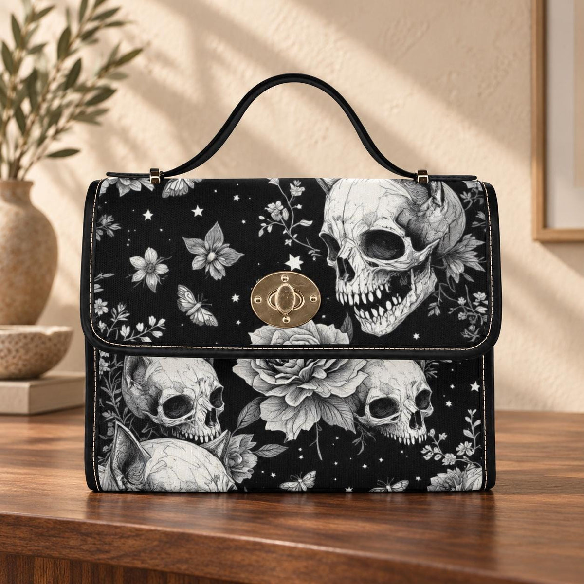 Dark Floral Skeleton Skull Crossbody Bag, Gothic Witchy Shoulder Tote, Spooky Occult Fashion Handbag