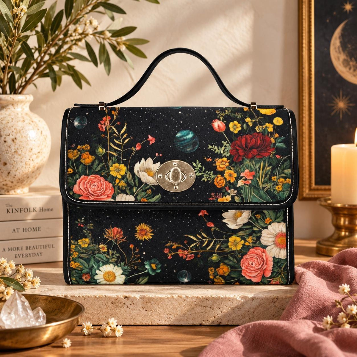 Celestial Floral Satchel Bag, Dark Botanical Top Handle Purse, Planet Print Crossbody Handbag