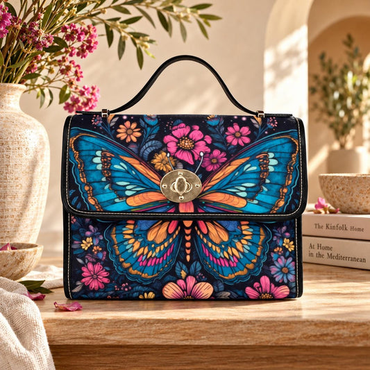 Psychedelic Butterfly Canvas Shoulder Bag, Floral Crossbody Satchel, Boho Hippie Purse
